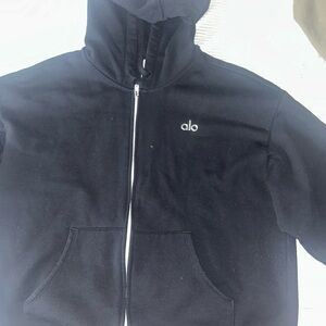ALO Yoga Black Hooded Full-Zip Jacket with Silver Hardware